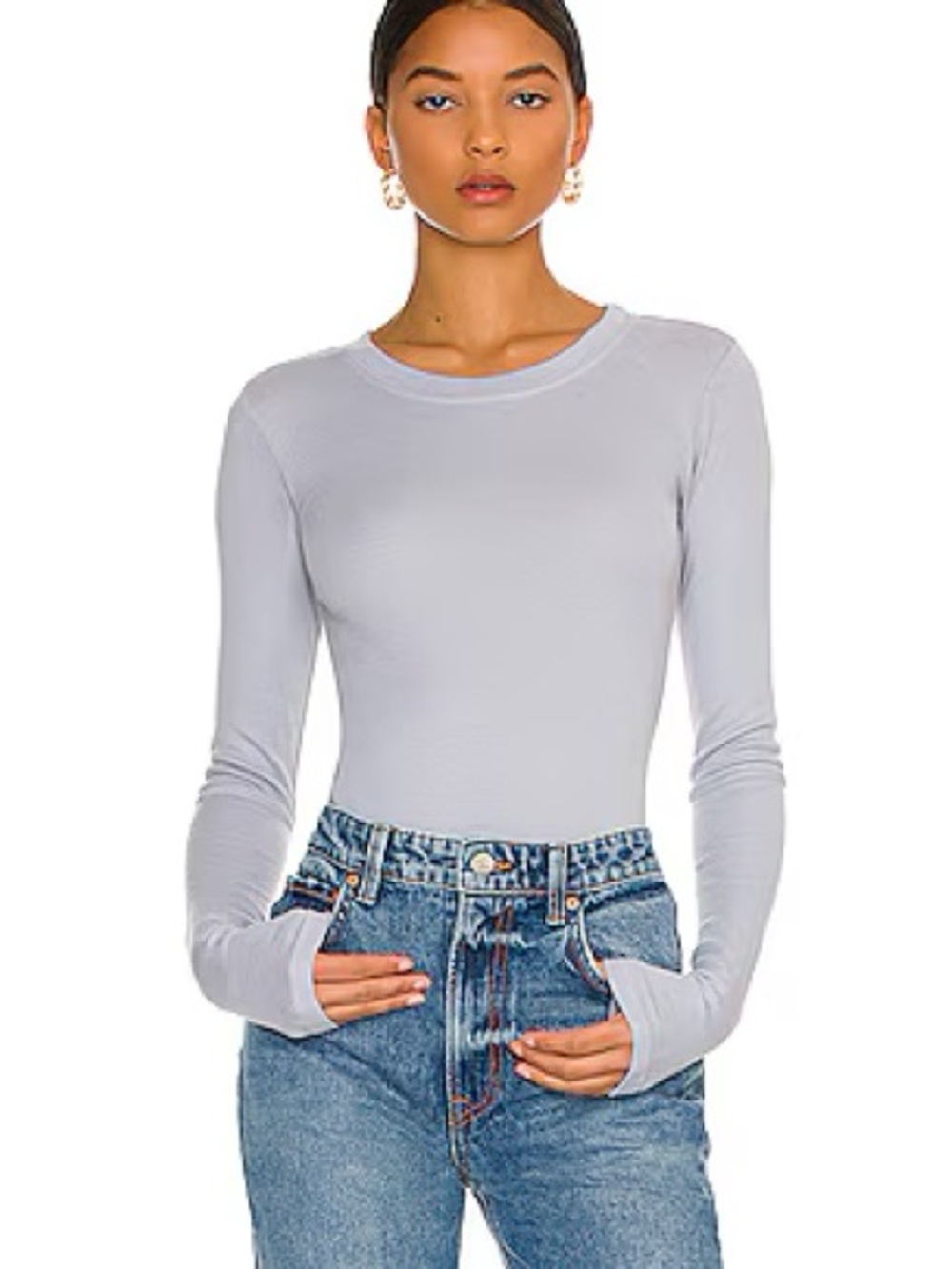 LA Made Slim Long-Sleeve Crewneck Top in Light Gray